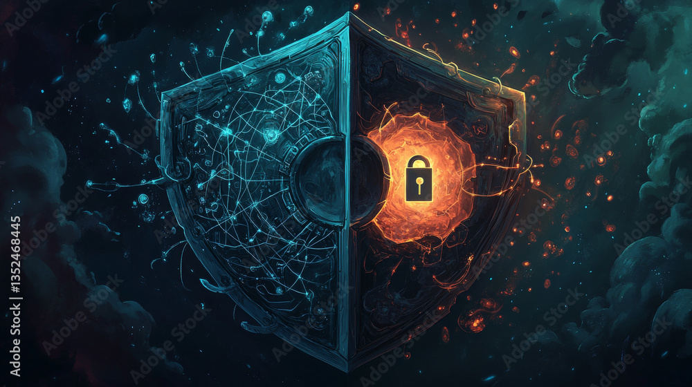 Poster the prominent shield in the center is cut in half, the left shows a polygonal connection, the right 