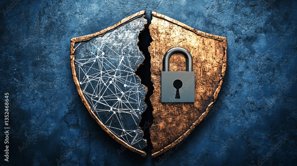 Poster the prominent shield in the center is cut in half, the left shows a polygonal connection, the right 