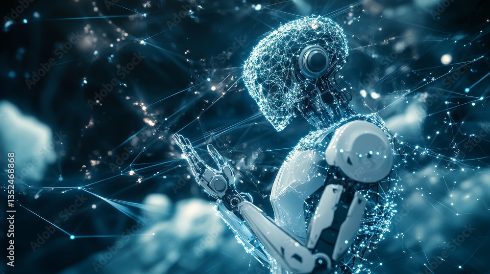 Poster cloud storage icon robotic system, cell plexus atom science, abstract futuristic cyber network serve
