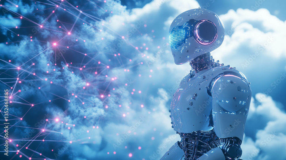 Poster cloud storage icon robotic system, cell plexus atom science, abstract futuristic cyber network serve