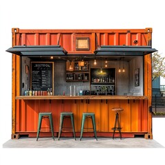 Vibrant Mobile Container Bar with Outdoor Seating and Urban Backdrop   Street Food Truck Kiosk for Cafes Restaurants or Events