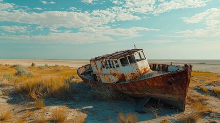 a rusty old abandoned ship in the desert