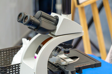 research microscope for studying bacteria. biological microscope for research. laboratory work tool.