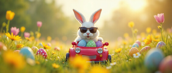A whimsical image of a rabbit wearing sunglasses, driving a toy car holding Easter eggs surrounded by colorful flowers in a sunny field, celebrating the festive Easter season with vibrant joy.