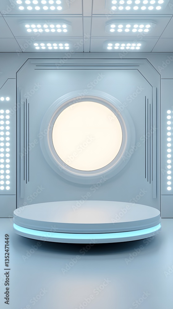 Wall mural a floating futuristic podium with soft, pulsing led lights, hovering in a sci-fi space station