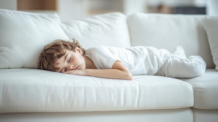 Peaceful Slumber: A young child, immersed in peaceful sleep, stretches out on a comfortable sofa, capturing a moment of serene rest.