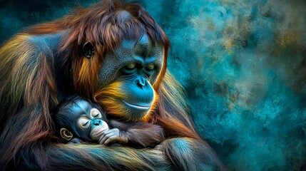 Obraz premium Tender Moment Between Mother Ape and Her Baby in Vibrant Colors