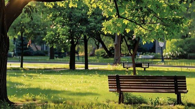 Leerer Park mit B&auml;umen im Sonnenlicht