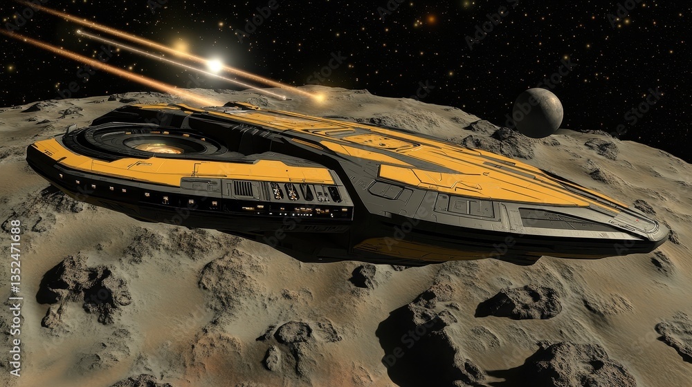 Poster a futuristic spaceship flying near an asteroid field in outer space