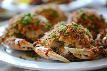 Close-Up of Delicious Stuffed Blue Crabs on White Plate
