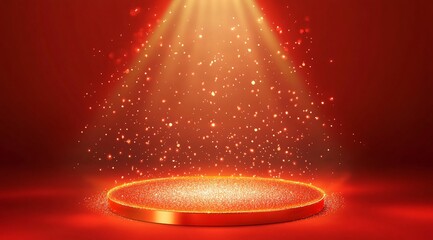 Product showcase on a red-themed exhibition booth with golden particles, perfect for business, commercial celebrations, product launches, and e-commerce events, with ample whitespace background to emp