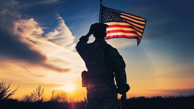 Soldat mit Flagge bei Sonnenuntergang