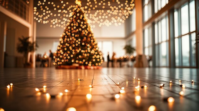 A holiday office party with a beautifully decorated Christmas tree in the background, wide-angle shot, in a corporate event space, festive and elegant composition, with warm fairy lights
