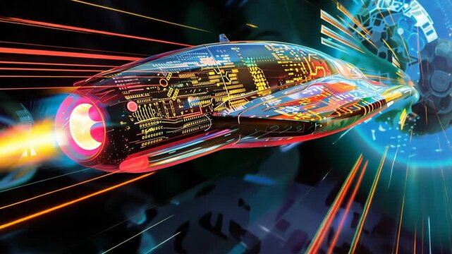 Futuristische Reise: Raumgleiter mit holographischen Elementen in farbenfrohen Lichtspektren