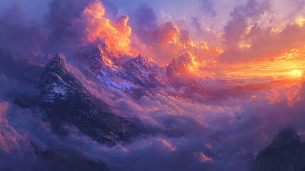 Majestic mountain landscape at sunset with vibrant clouds and mist swirling around peaks