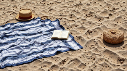 A beach scene with a striped blanket, a hat, and a book. Scene is relaxed and peaceful