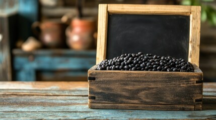 Fresh Black Beans in Wooden Box on Rustic Table with Chalkboard