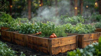 Serene Vegetable Garden: Wooden Planters with Fresh Herbs and Tomatoes