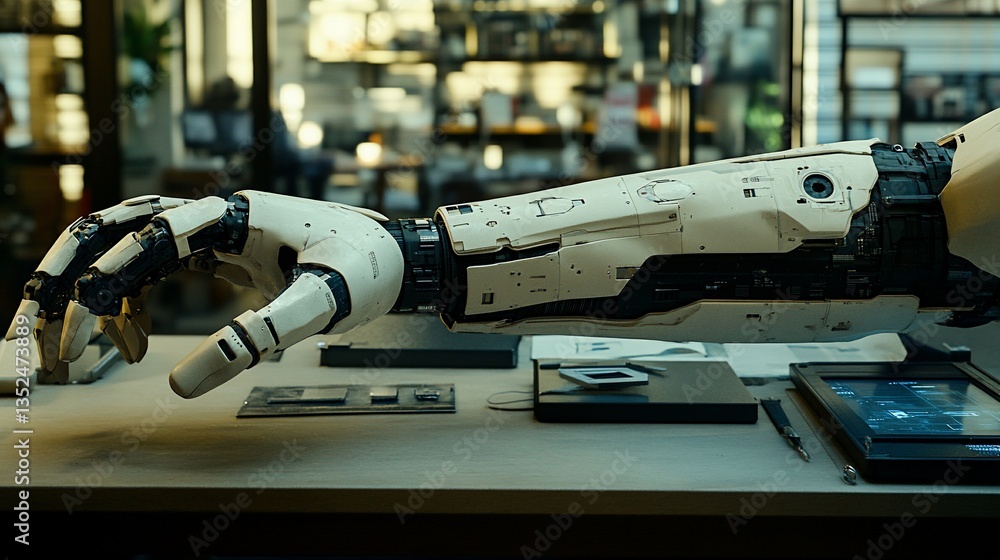 Poster robotic arm precision assembly in tech startup