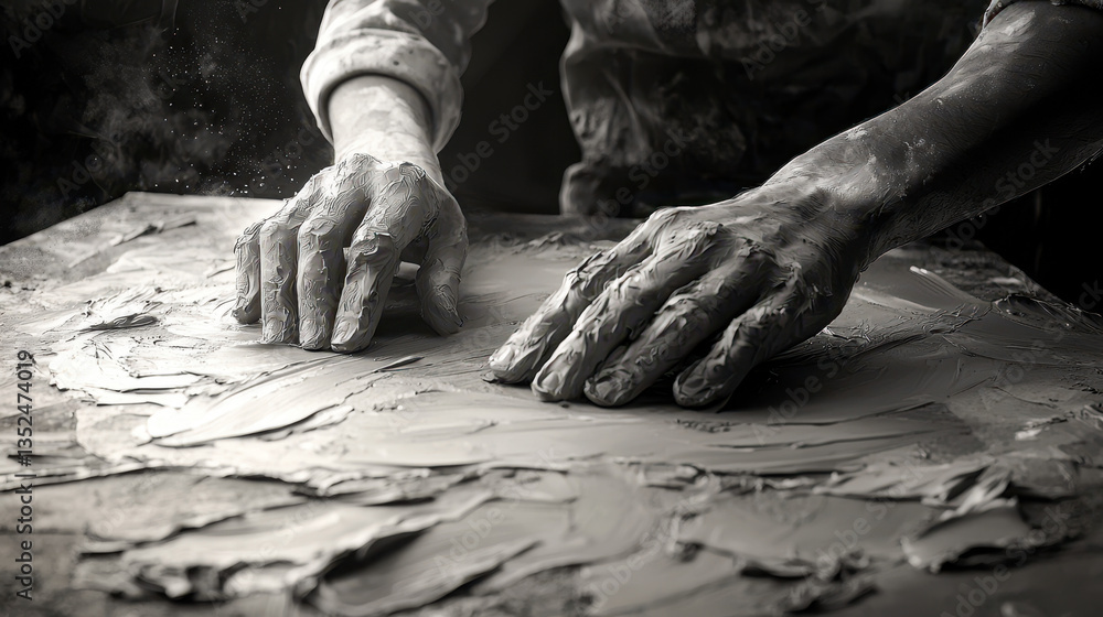 Aufkleber sculptor creating a modern artwork with hands covered in clay and a look of focused determination