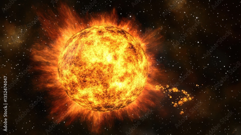 Aufkleber a giant flaming celestial sphere with stellar particle ejection in space