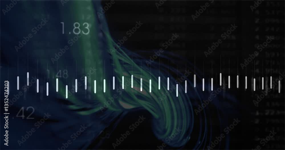 Poster animation of digital data and numerical patterns swirling over blue and green shapes