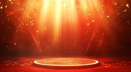 Product showcase on a red-themed exhibition booth with golden particles, perfect for business, commercial celebrations, product launches, and e-commerce events, with ample whitespace background to emp