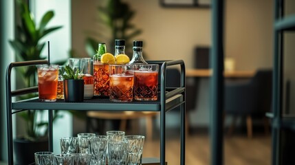 A modern office bar cart with an array of drinks and glasses, close-up shot, in a stylish corporate lounge, detailed and refined composition, with soft moody lighting