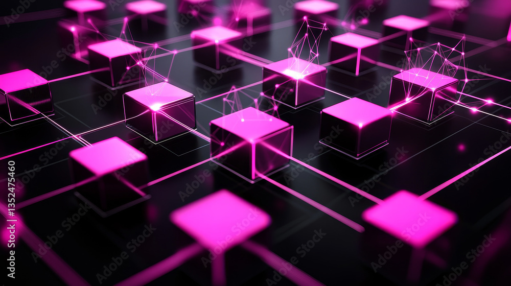Aufkleber decentralized digital technology concept of blockchain. small particle square boxes connecting abstr