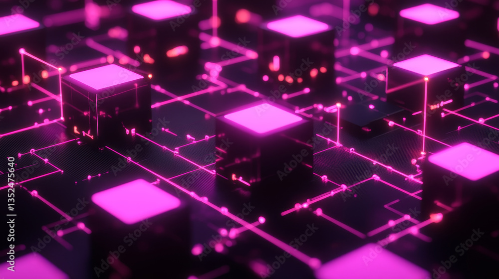 Poster decentralized digital technology concept of blockchain. small particle square boxes connecting abstr