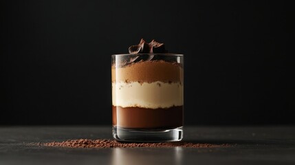 Delicious layered chocolate dessert in a clear glass with cream