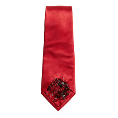 Fototapeta premium Elegant red silk tie with a distinctive oil stain adding character Perfect for concepts of professionalism and imperfection