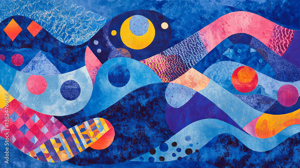 Poster blue color waves particle and geometric abstract background design. vector illustration