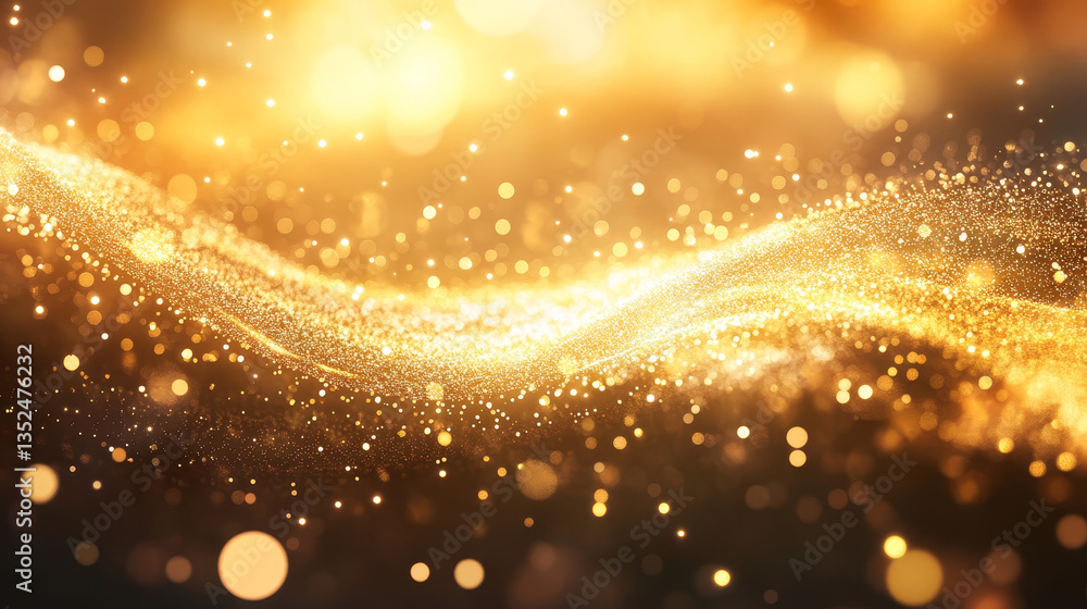 Poster abstract gold color digital particles wave with bokeh and light background