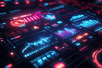 Obraz premium Futuristic data dashboard, glowing metrics, illuminated screen, market trends