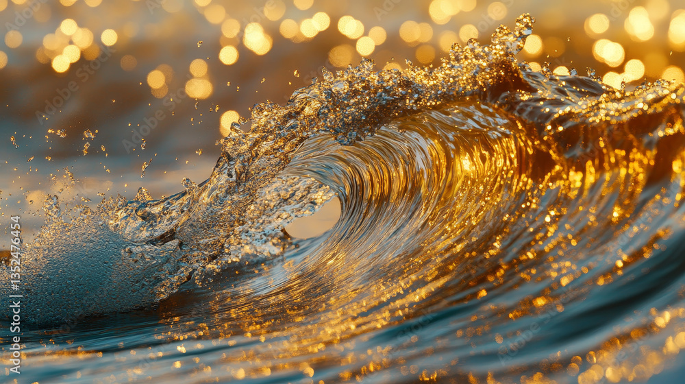 Poster abstract gold color digital particles wave with bokeh and light background