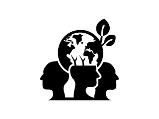 A simple, black and white silhouette of a woman's profile, adorned stylized leaves and a small plant. Female profile silhouette with plant, representing a zodiac sign. 5th June. World Environment Day.