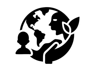 A simple, black and white silhouette of a woman's profile, adorned stylized leaves and a small plant. Female profile silhouette with plant, representing a zodiac sign. 5th June. World Environment Day.