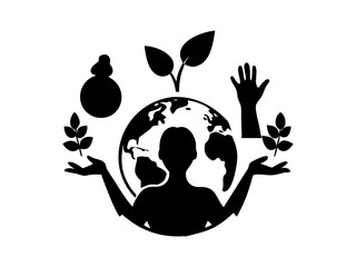 A simple, black and white silhouette of a woman's profile, adorned stylized leaves and a small plant. Female profile silhouette with plant, representing a zodiac sign. 5th June. World Environment Day.