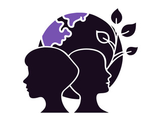 A simple, black and white silhouette of a woman's profile, adorned stylized leaves and a small plant. Female profile silhouette with plant, representing a zodiac sign. 5th June. World Environment Day.