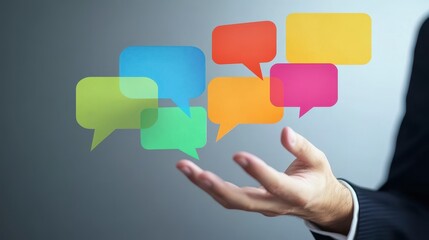 Dialogue of Ideas: A businessman's hand cradles an array of colorful speech bubbles, symbolizing communication, discussion, and the vibrant exchange of thoughts.