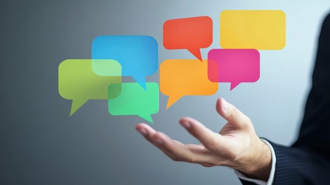 Dialogue of Ideas: A businessman's hand cradles an array of colorful speech bubbles, symbolizing communication, discussion, and the vibrant exchange of thoughts.