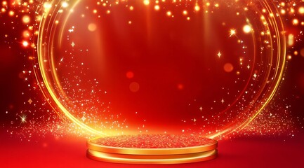 Product showcase on a red-themed exhibition booth with golden particles, perfect for business, commercial celebrations, product launches, and e-commerce events, with ample whitespace background to emp