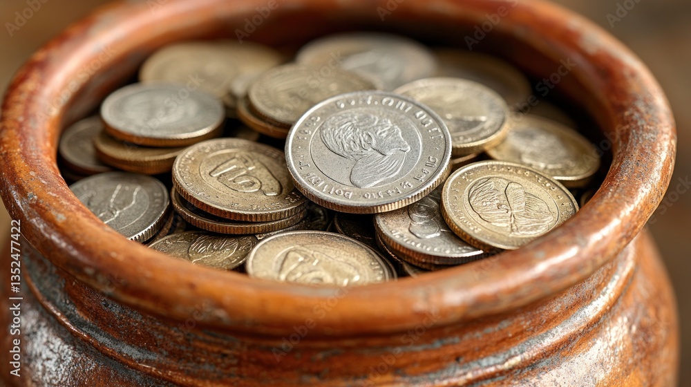 Poster a terracotta pot filled with various coins. a collection of different denominations and values, stac