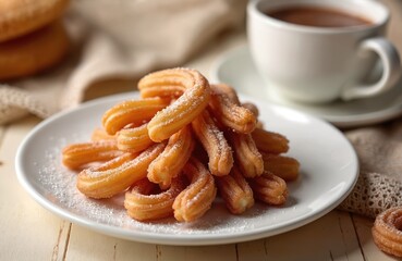 Pile of fresh churros on white plate dusted sugar. Sweet fried dough pastries with hot chocolate drink. Popular breakfast snack in Spain, Mexico. Delicious, tasty bakery dessert.
