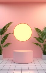 A podium with a retro-futuristic design, inspired by 80s neon aesthetics and synthwave colors