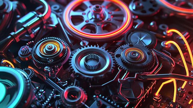 Roter Maschinenbau mit gl&auml;nzenden Zahnr&auml;dern