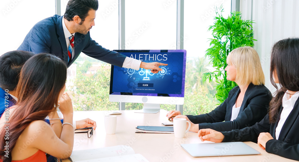 Poster ai ethics responsibility standard law and rules on computer screen provide report of ai ethic transp