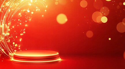 Product showcase on a red-themed exhibition booth with golden particles, perfect for business, commercial celebrations, product launches, and e-commerce events, with ample whitespace background to emp