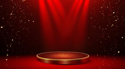 Product showcase on a red-themed exhibition booth with golden particles, perfect for business, commercial celebrations, product launches, and e-commerce events, with ample whitespace background to emp